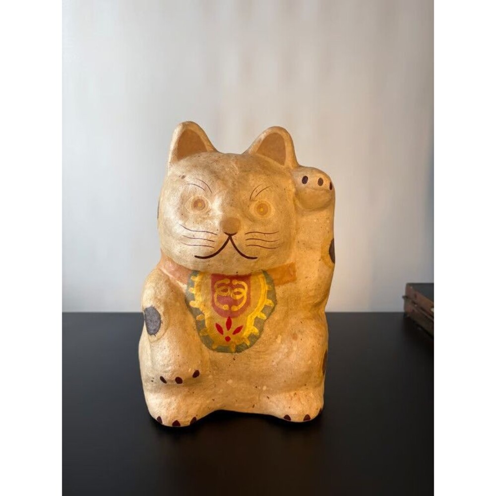 Japanese Maneki Neko Papier Mache Beckoning Cat Hariko Folk Toy 9.5 in